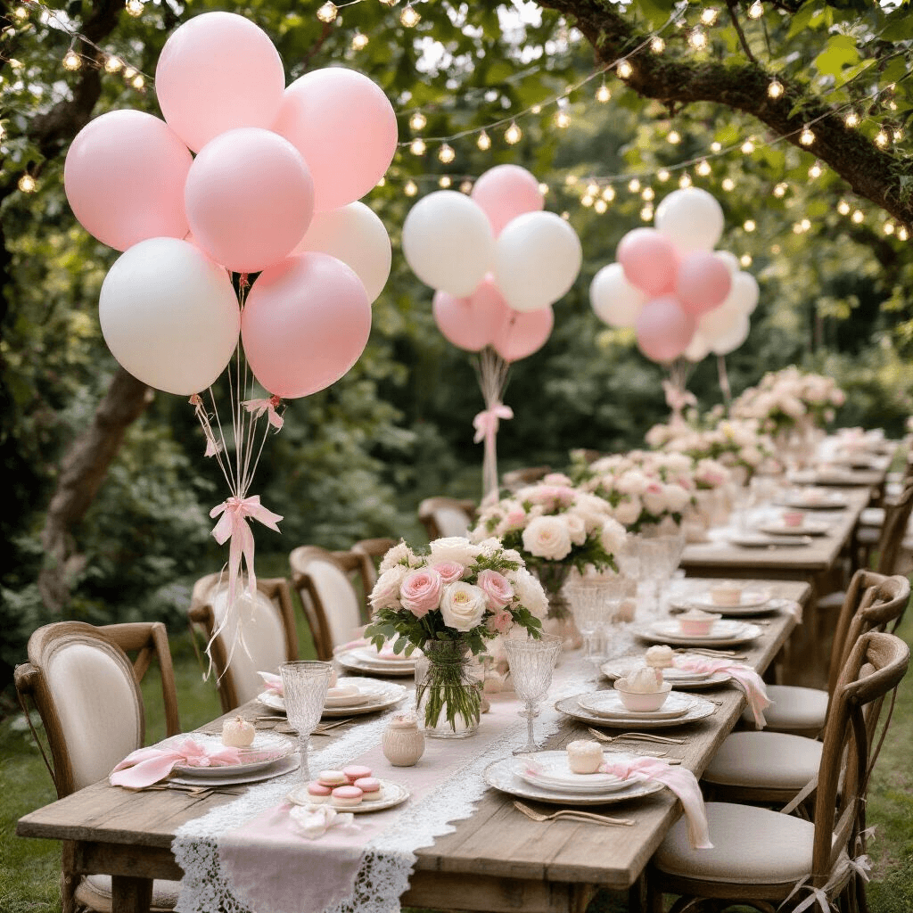 Pink Balloon Aesthetics: How I Finally Cracked the Code to Dreamy Party Decor Overhead shot of a whimsical coquette-themed garden party setup featuring pink balloon clusters, low wooden tables with vintage lace runners, rustic wooden chairs with cream velvet cushions, and tables set with delicate bone china and crystal glassware, all illuminated by fairy lights overhead.