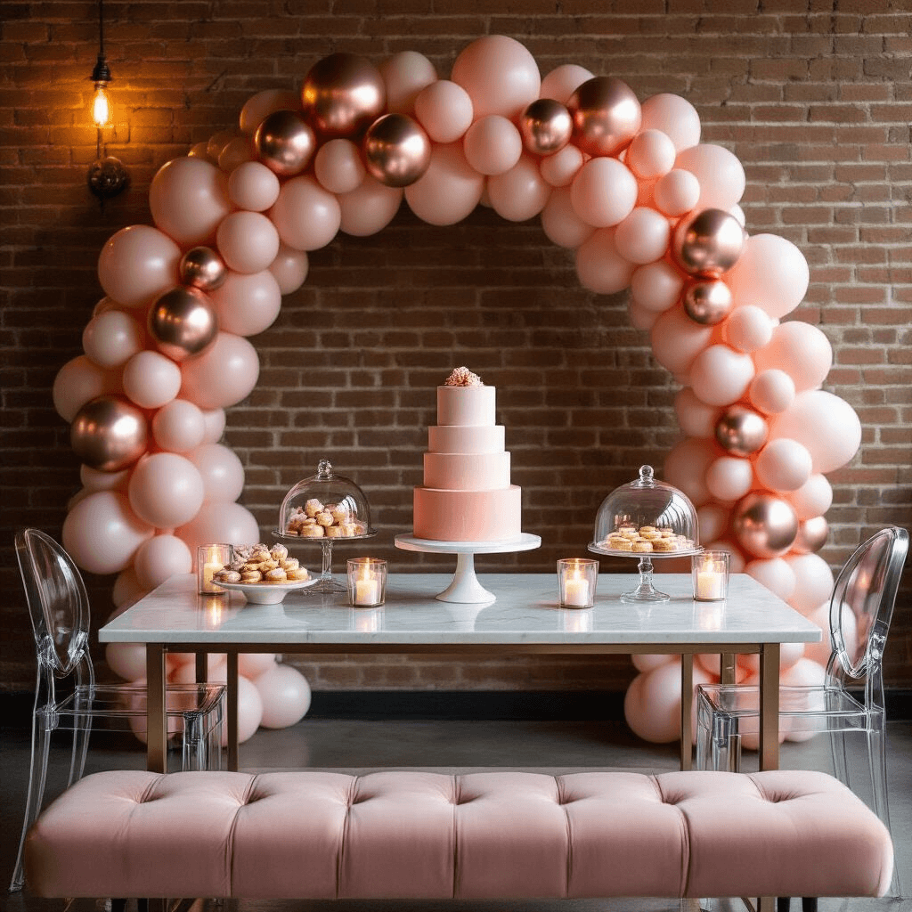 Pink Balloon Aesthetics: How I Finally Cracked the Code to Dreamy Party Decor Close-up of a modern apartment living room decorated for a millennial celebration, featuring a balloon arch with matte blush pink and rose gold balloons, a marble-topped dessert table with a pink ombré cake and pastries, soft uplighting on exposed brick walls, and contemporary seating.