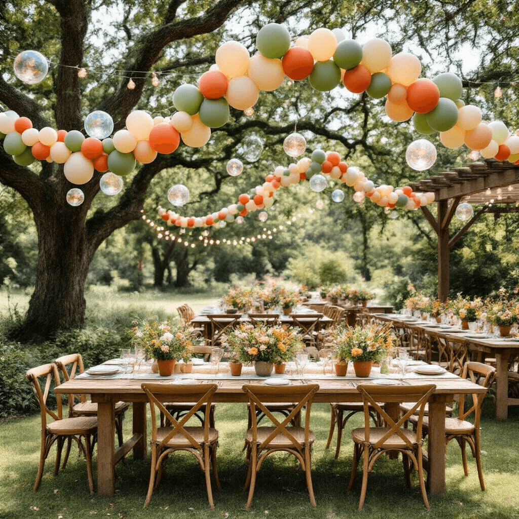Ceiling Balloons: Transform Your Space From Boring to Breathtaking in Minutes A whimsical garden party setup features balloon garlands in sage green, terracotta, and cream, draped between oak trees and pergola beams. Long harvest tables with burlap runners display wildflower centerpieces and clear, confetti-filled balloons. String lights add warmth, with hand-tied balloon bouquets and vintage glass votives completing the elegant outdoor scene.