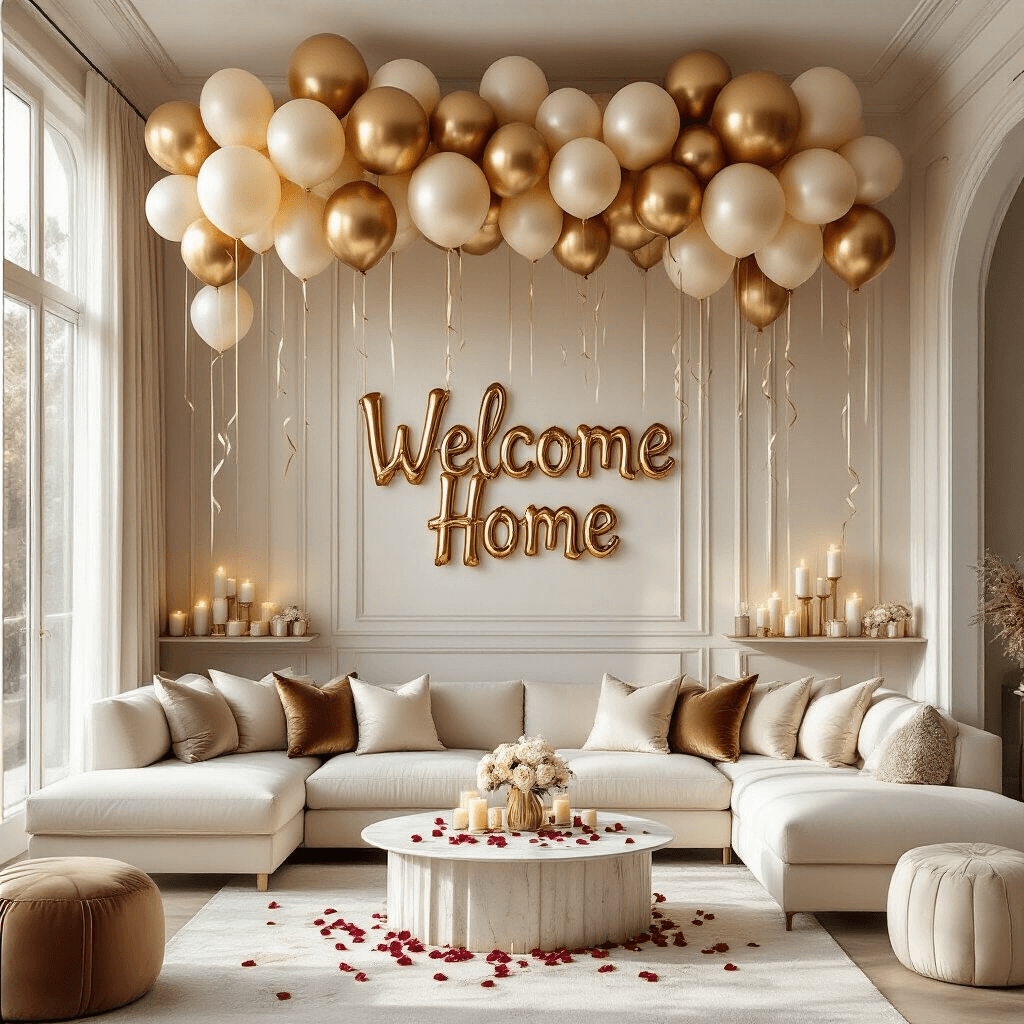 Welcome Home Balloon Decorations That Actually Look Amazing (Not Tacky) A modern living room adorned for a welcome home celebration, featuring metallic gold and cream balloons, soft sunlight streaming through large windows, a 'Welcome Home' banner above a cream sectional sofa, and decorative elements like velvet pillows, a marble coffee table with rose petals, and ambient candles, all in a warm color palette.