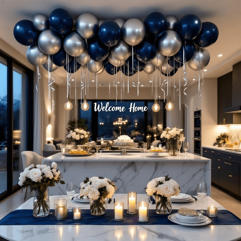 Welcome Home Balloon Decorations That Actually Look Amazing (Not Tacky) A wide shot of a professionally decorated modern apartment featuring navy blue and silver metallic balloons, elegant ribbon work, a welcome home banner above a marble kitchen island with refreshments, warm candlelight, and fresh white florals, all set in a sophisticated evening ambiance.
