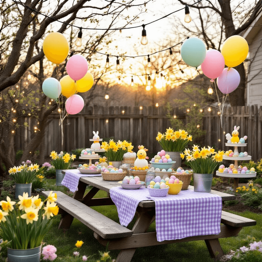 Easter Balloons: Everything You Need to Transform Your Spring Celebration A cozy backyard garden setting at golden hour, showcasing an intimate Easter egg hunt preparation with vintage-inspired picnic tables, whimsical balloon clusters, twinkling string lights, colorful egg displays, and charming floral centerpieces, all set in a warm terracotta and sage color palette.