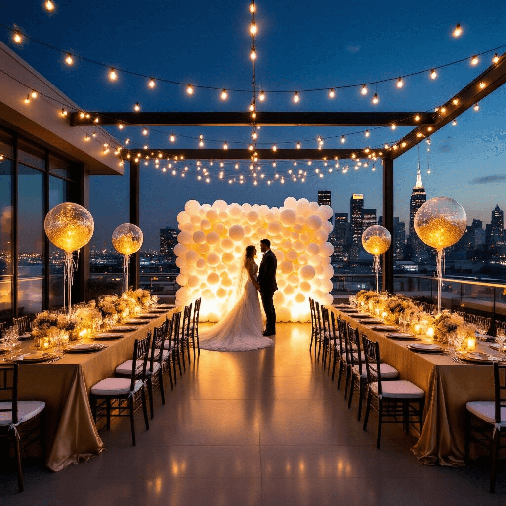 Balloons with Pictures Attached: Everything You Need to Know About Custom Photo Balloons A modern rooftop wedding reception at night, featuring a stunning balloon wall backdrop, elegant tables with gold and ivory runners, and twinkling city skyline lights, all beautifully illuminated by string lights and professional lighting.