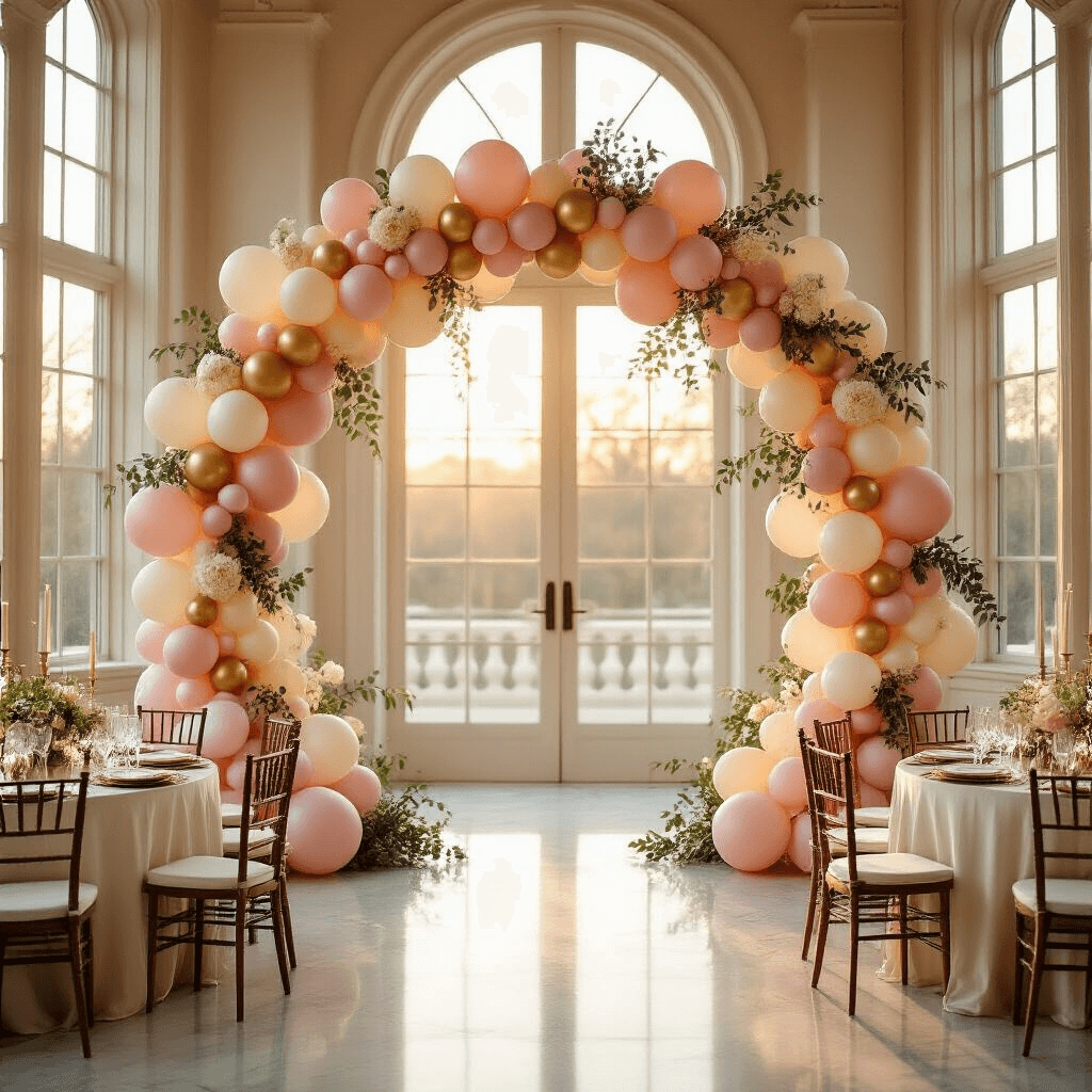 Balloon Arch Decorations: Everything I've Learned From Creating Show-Stopping Party Moments A wide-angle shot of an elegant indoor ballroom at golden hour, featuring a 9-foot organic balloon arch in dusty pink, cream, and gold tones, adorned with eucalyptus garland and white florals. Soft light from tall windows illuminates silk ivory table linens, crystal glassware, and gold-rimmed charger plates, while pillar candles add warmth. The marble floor reflects the ethereal ambiance, and sheer champagne drapery frames the scene with discreet command hooks supporting the arch above guests in formal attire.