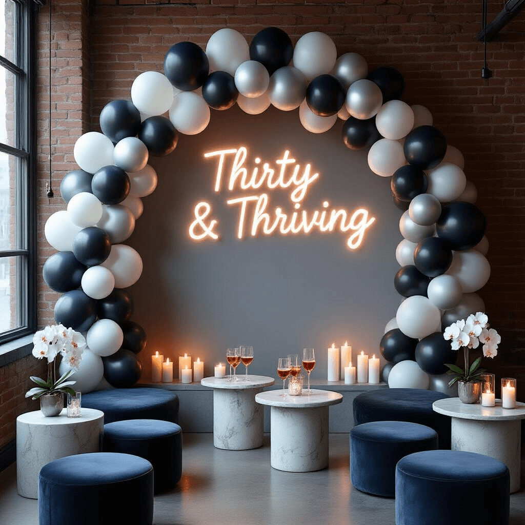 Balloon Arch Decorations: Everything I've Learned From Creating Show-Stopping Party Moments A sophisticated adult birthday celebration in a modern apartment, featuring a charcoal and silver balloon arch against exposed brick walls, a neon sign reading 'Thirty & Thriving', low marble tables with velvet cushions, artisanal cocktails, minimalist orchid centerpieces, and pillar candles casting shadows in a dimly lit urban loft.