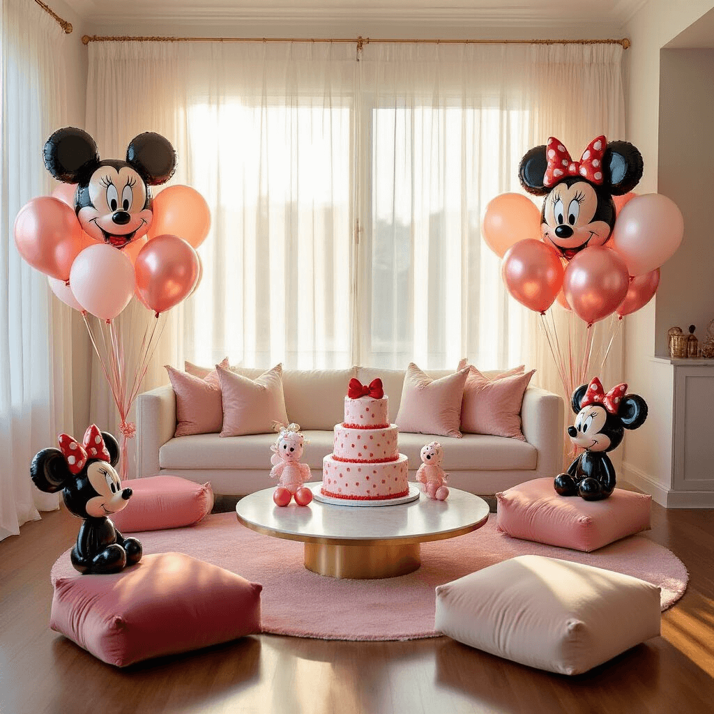 Minnie Mouse Balloons: Everything You Need to Know About Creating Magic at Your Party A stylish modern apartment living room decorated for an intimate birthday celebration, featuring Minnie Mouse balloon arrangements, a tiered pink birthday cake, and soft golden hour light streaming through sheer curtains.