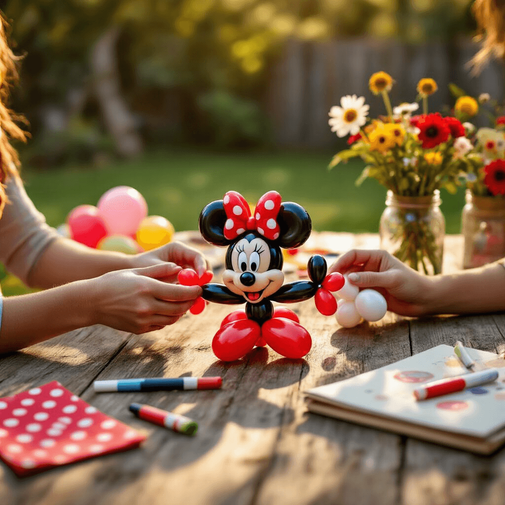 Minnie Mouse Balloons: Everything You Need to Know About Creating Magic at Your Party Close-up of hands twisting black and red balloons into Minnie Mouse shape on a rustic wood table, surrounded by uninflated balloons, markers, finished balloon animals, mason jars with wildflowers, and party planning materials, captured in warm golden hour light with soft shadows.