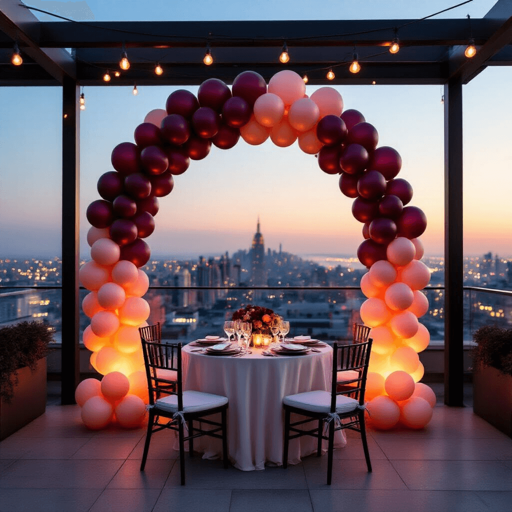 Valentine's Day Balloon Decorations That'll Make Your Space Pop (Without Popping Your Budget) A stylish rooftop terrace at dusk featuring a dramatic ombre balloon arch in burgundy, rose gold, and champagne, framing an intimate dinner setup for two with fine china and crystal stemware, illuminated by golden hour lighting and string lights, overlooking colorful city lights.