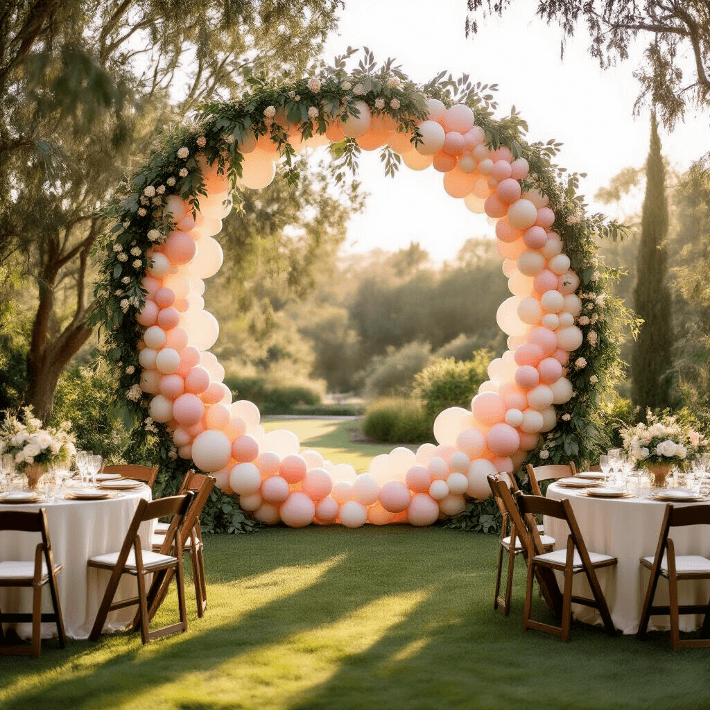 Circle Backdrop with Balloons: The Party Installation That'll Make Your Guests Actually Want Photos A wide-angle view of an elegant wedding ceremony setup featuring a 6-foot blush pink, cream, and sage green balloon backdrop behind a rustic wooden arch, surrounded by round tables with ivory silk linens, gold charger plates, and accented with white roses and greenery, during golden hour in a garden venue.