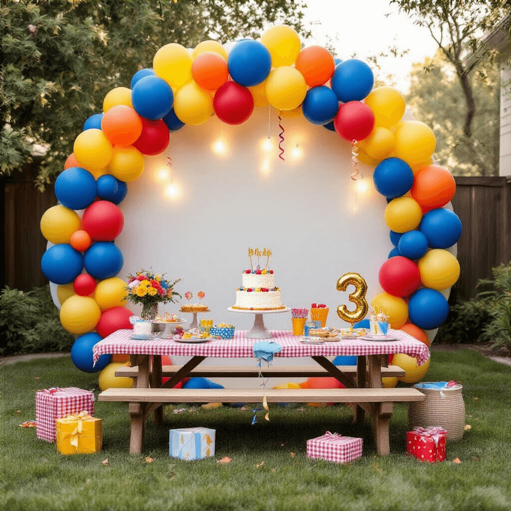 Circle Backdrop with Balloons: The Party Installation That'll Make Your Guests Actually Want Photos An overhead flat lay of a child's third birthday party in a stylish backyard, featuring a vibrant circular balloon backdrop in royal blue, sunshine yellow, and cherry red, a low picnic table with gingham linens, a tiered birthday cake, colorful party favors, gold number balloons, curling ribbons, small wrapped gifts, and rainbow streamers.