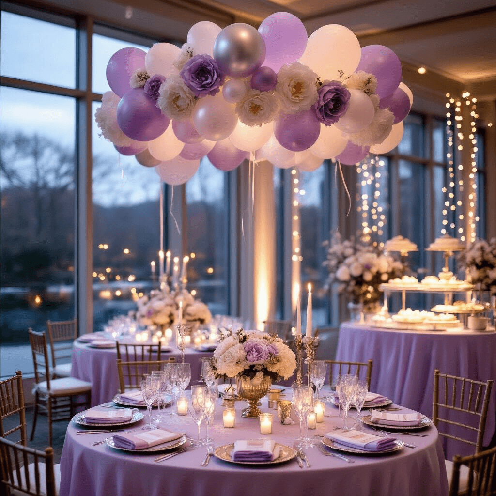 Circle Backdrop with Balloons: The Party Installation That'll Make Your Guests Actually Want Photos Cinematic detail shot of an upscale baby shower setup in an elegant indoor ballroom with floor-to-ceiling windows, featuring a circular balloon installation in lavender, pearl white, and silver, surrounded by delicately arranged faux peonies. Round tables with sheer lavender linens display crystal glassware and silver candelabras, with a dessert cart nearby showcasing petit fours and macarons, all illuminated by fairy lights for a magical, intimate ambiance.