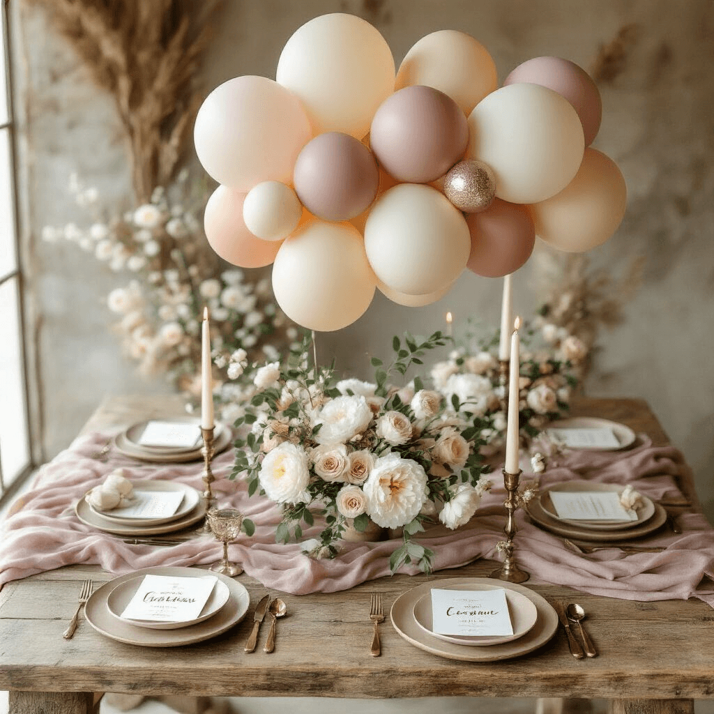 Current Balloon Aesthetic Trends: What's Actually Cool in 2026 Overhead flat lay of an organic baby shower tablescape featuring a rustic wood table, sculptural balloon cloud in mauve, taupe, and cream, hand-thrown ceramic plates on dusty rose linen runners, vintage brass candlesticks with ivory candles, clusters of white peonies and olive branches, personalized printed balloons, and sage green ribbon tied around kraft paper party favors with botanical wax seals.