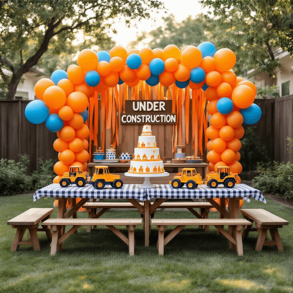 Orange Balloons: Your Complete Guide to Choosing, Buying, and Using Them for Every Celebration A cozy children's construction-themed birthday party in a backyard with low picnic tables adorned with orange and blue balloon bouquets, a rustic dessert table featuring a tiered construction cake, a DIY photo booth with orange streamers, and playful arrangements of orange balloons framing the scene, all illuminated by soft morning light.