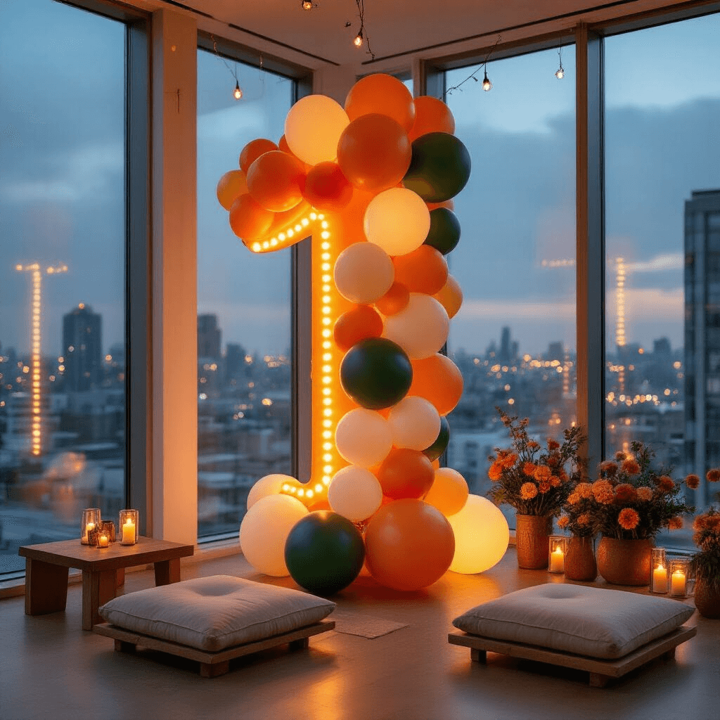 Current Balloon Aesthetic Trends: What's Actually Cool in 2026 Moody evening view of a four-foot-tall sculptural balloon installation in the shape of a number one, set against floor-to-ceiling windows with city lights. The balloon structure features burnt orange, ivory, and forest green balloons, accented with chrome copper, illuminated by warm LED lighting. Surrounded by low wooden tables and natural linen floor cushions, the scene is enhanced by overhead fairy lights and amber glass vessel candle arrangements, complemented by fresh florals in terracotta pots.