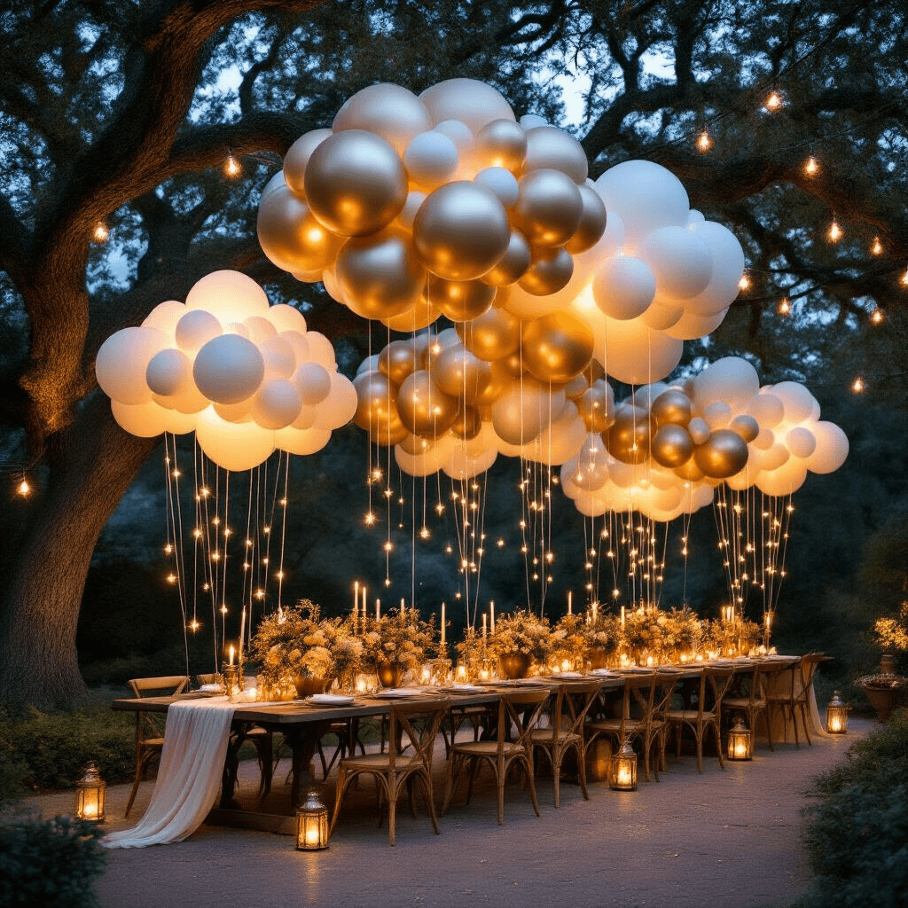 How to Make Balloon Clouds That'll Have Everyone Asking "Wait, You Made That?" A stylish backyard evening party with an enchanted balloon cloud forest installation under a fairy-lit night sky, featuring metallic gold, champagne, and ivory balloons hanging from oak trees, vintage farm tables adorned with brass candlesticks and floral arrangements, string bistro lights above, and illuminated pathways with ground-level lanterns.