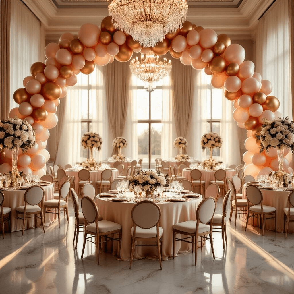 Balloon Backgrounds: The Ultimate Guide to Finding and Using Festive Designs That Actually Work Elegant indoor ballroom birthday celebration during golden hour, featuring round tables with silk blush pink and cream linens, metallic gold and rose gold balloon arches, crystal chandeliers, and ornate centerpieces of white roses and eucalyptus, surrounded by cream velvet chairs and fine china.