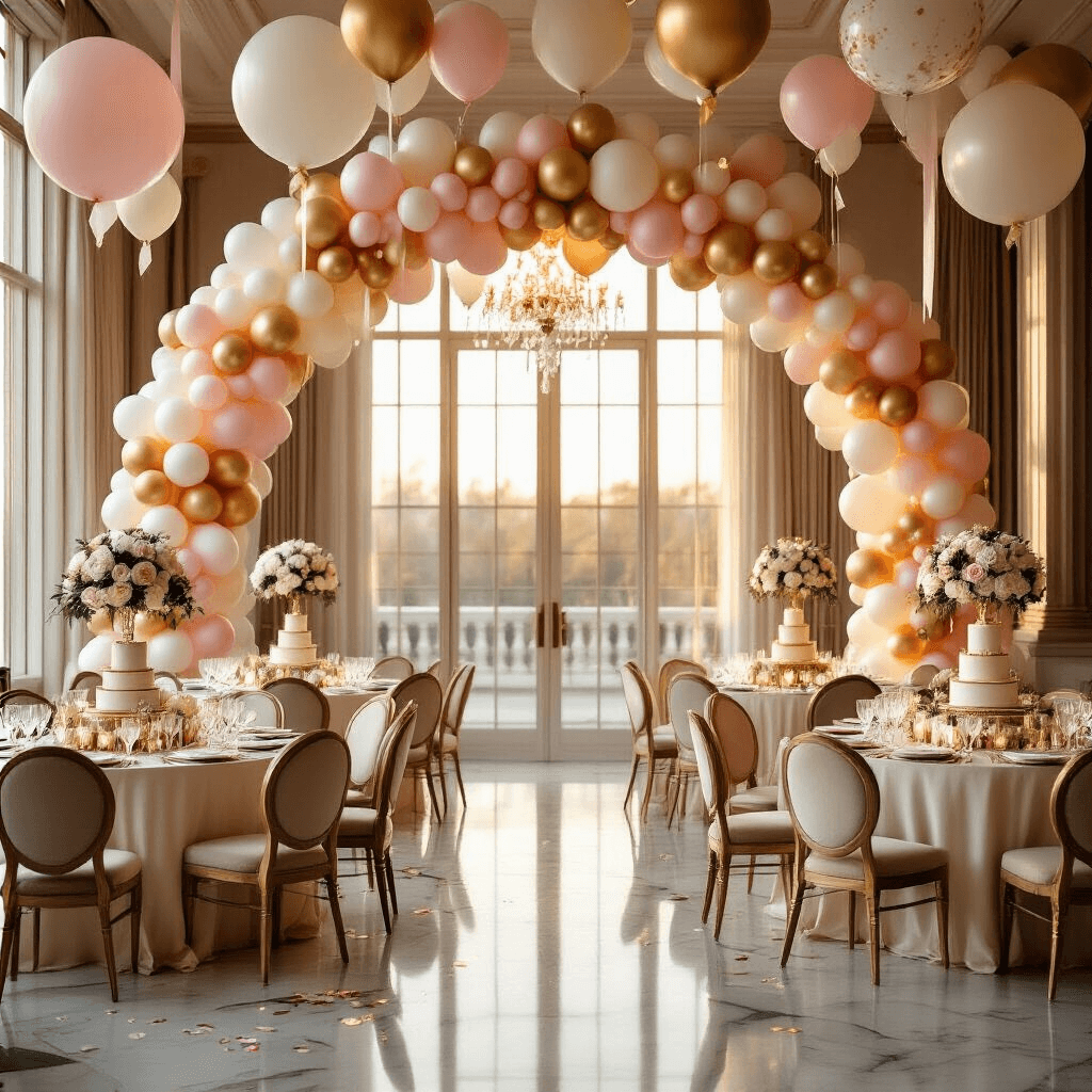 Transform Your Birthday Party with Stunning Balloon Decorations: A Complete Guide A beautifully decorated indoor ballroom for a milestone birthday celebration, featuring a blush pink, ivory, and gold balloon arch at the entrance, round tables with silk ivory linens and balloon garland centerpieces of white roses and eucalyptus, warm golden hour lighting, crystal votives, tiered cake displays, champagne velvet chairs, and confetti-filled balloons hanging from the ceiling, all creating an elegant and inviting atmosphere.