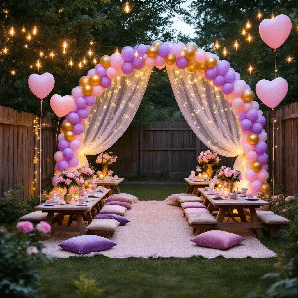 Transform Your Birthday Party with Stunning Balloon Decorations: A Complete Guide Whimsical princess-themed birthday setup featuring a balloon tunnel, low picnic tables with tulle runners, fairy light drapery, and layered textiles, all illuminated at dusk with floral arrangements, candle lanterns, and a castle cake display in a serene backyard.