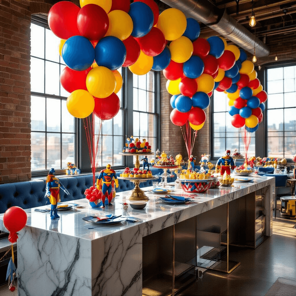 Transform Your Birthday Party with Stunning Balloon Decorations: A Complete Guide Close-up detail of a sophisticated superhero-themed celebration featuring bold primary color balloon garlands, geometric place settings, metallic balloon columns, a dramatic dessert cart, and character-themed party favors in a modern apartment with exposed brick walls and natural sunlight.