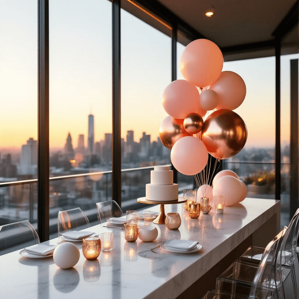 Balloon Types for Events: Everything You Need to Know Before Your Next Celebration A close-up detail of a modern rooftop terrace birthday celebration featuring ombré orbz balloons in blush pink to deep rose gold, sleek marble countertops, minimalist white serving pieces, geometric glass vases, and a tiered naked cake on a brass stand, with city skyline views at golden hour.