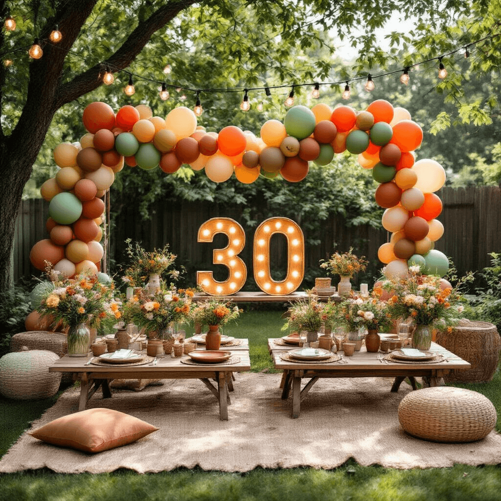 Marquee Letters With Balloons: The Party Décor That'll Make Your Guests Stop and Stare Overhead view of a stylish backyard garden party with rustic wood '30' marquee numbers surrounded by vibrant terracotta, sage green, and gold balloon garlands, picnic-style low tables with earth-toned dinnerware, mason jar wildflower centerpieces, and a whimsical string light canopy, all illuminated by soft morning sunlight.