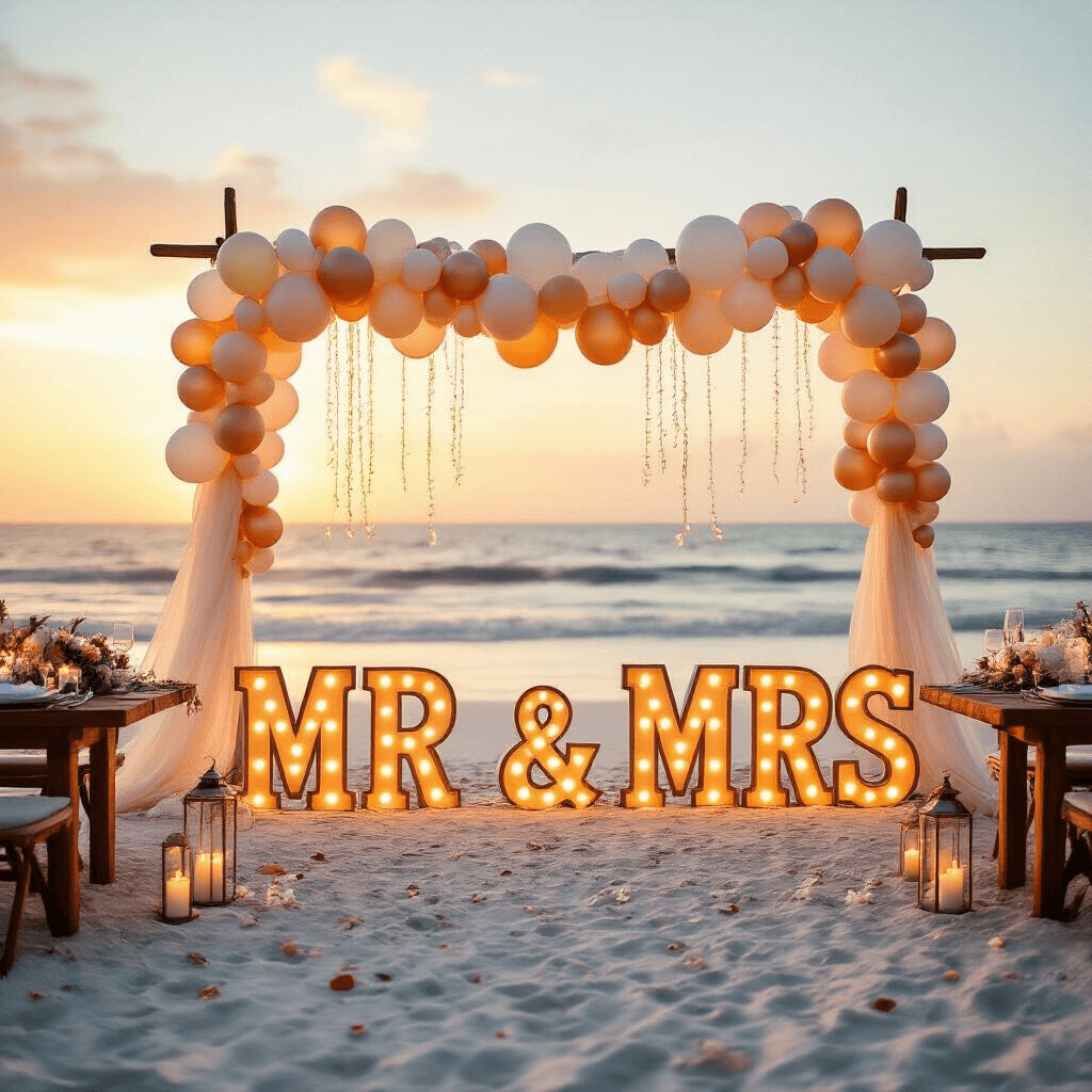 Marquee Letters With Balloons: The Party Décor That'll Make Your Guests Stop and Stare Cinematic wide shot of a beachfront celebration at golden hour, featuring illuminated 'MR & MRS' marquee letters on white sand, surrounded by balloon garlands in soft tones, low wooden tables with chiffon runners, lanterns, rose petals, driftwood, and tropical florals, all under warm sunset light and fairy lights.