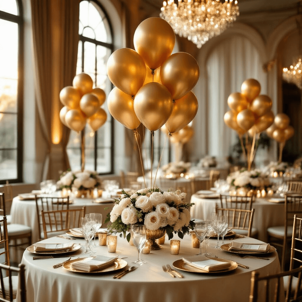 Metallic Balloons: The Sparkly Party Decoration That Could Kill You (And Here's How to Stay Safe) Cinematic wide-angle shot of an elegant indoor ballroom birthday celebration with gold foil balloon centerpieces, cream silk-draped tables, crystal glassware, and warm golden hour light streaming through arched windows, creating a luxurious atmosphere.