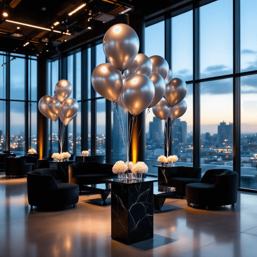 Metallic Balloons: The Sparkly Party Decoration That Could Kill You (And Here's How to Stay Safe) Moody evening scene of an elegant corporate event with sophisticated silver Mylar balloon installations, sleek black marble cocktail tables, and black velvet lounge seating, featuring a city skyline view through floor-to-ceiling windows and ambient LED lighting.
