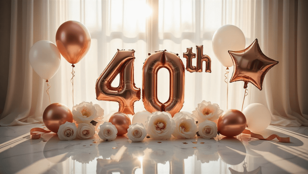Every 40th Birthday Balloon Option You Actually Need (Without the Party Store Overwhelm) Luxurious 40th birthday balloon arrangement on white marble with rose gold foil balloons, chrome star balloons, and confetti-filled latex balloons; golden hour lighting highlights silk ribbons and faces soft-focus peonies and cake toppers in the background.