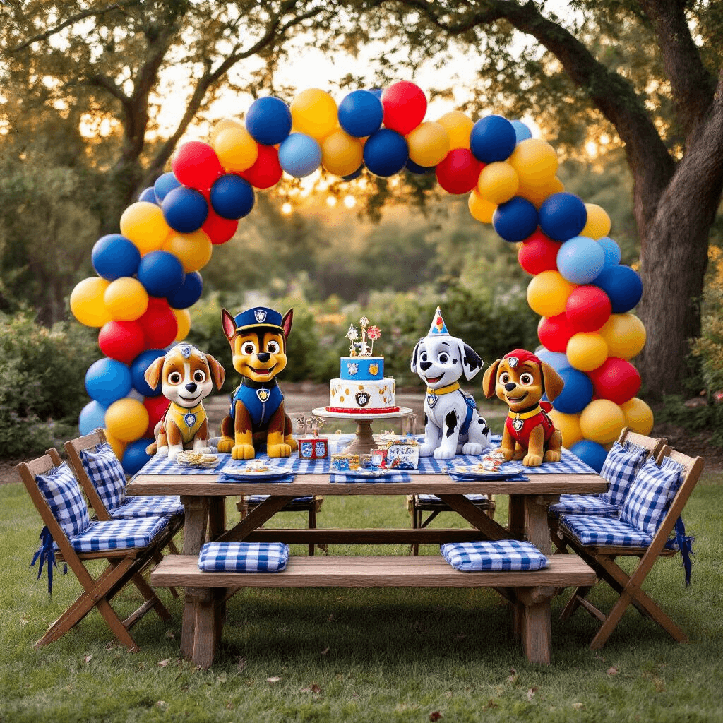 First Birthday Balloons: Everything You Need to Know About Making Your Baby's Big Day Pop A whimsical outdoor garden party setup for a Paw Patrol themed first birthday celebration, featuring a rustic picnic table with checkered linens, character balloons, a colorful balloon arch, a custom birthday cake, and twinkling mason jar lights, surrounded by fresh wildflowers and playful toy decorations.
