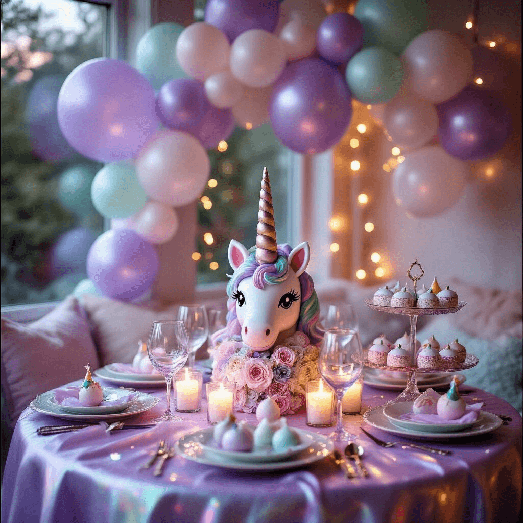 First Birthday Balloons: Everything You Need to Know About Making Your Baby's Big Day Pop A close-up of a magical unicorn-themed dining nook featuring a round table with iridescent silk linens, an elaborate unicorn horn centerpiece, pastel balloon clusters, and fairy lights. Candlelight reflects off fine glassware, surrounded by edible glitter and unicorn cake pops on tiered stands. Plush velvet cushions in coordinating pastels and sheer tulle backdrop panels enhance the ethereal atmosphere, accented by floating rainbow ombré number '1' balloons.