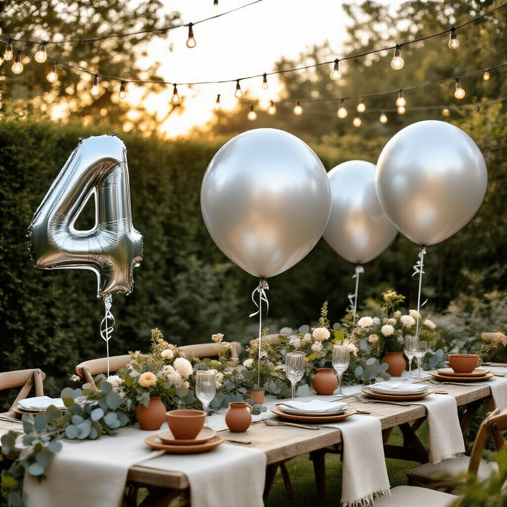 Number Balloon Photoshoot Ideas That'll Make Your Next Celebration Instagram-Worthy Cinematic outdoor scene featuring giant 40-inch silver number balloons in a stylish backyard garden during golden hour, anchored with decorative weights against sage green hedging, complemented by a picnic setup with rustic wooden surfaces, terracotta ceramic serving pieces, eucalyptus garland, and fairy lights creating a romantic glow.