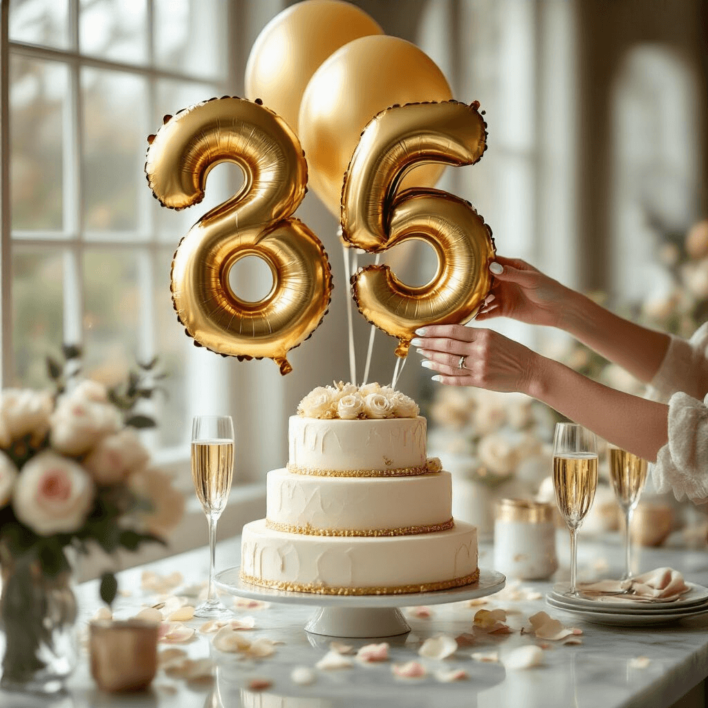 Number Balloon Photoshoot Ideas That'll Make Your Next Celebration Instagram-Worthy Intimate close-up of champagne gold number balloons with elegant manicured hands over a marble countertop, featuring a tiered birthday cake, glass flutes, and scattered ivory and blush rose petals, all bathed in soft morning light and warm candlelight for a luxurious atmosphere.