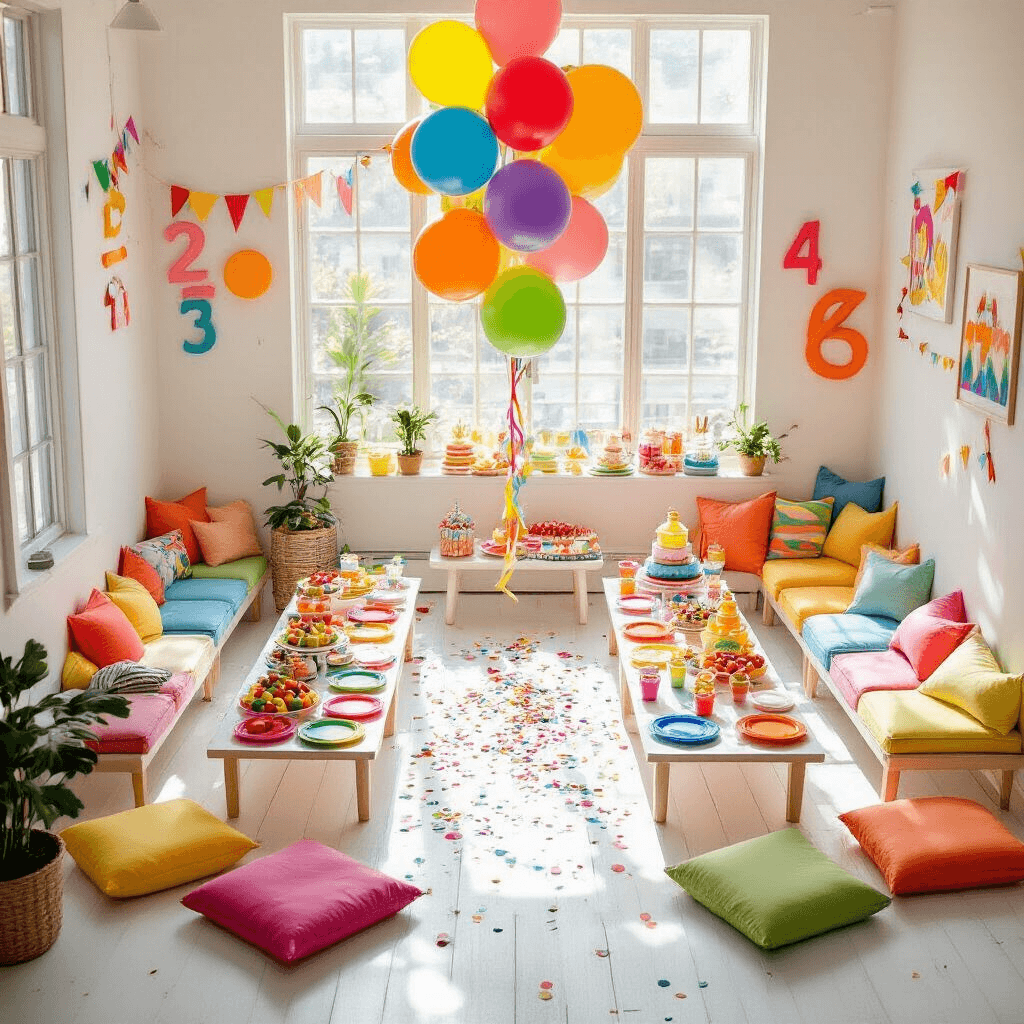 Number Balloon Photoshoot Ideas That'll Make Your Next Celebration Instagram-Worthy Overhead view of a vibrant children's birthday party setup on a white wooden floor, featuring bright primary colored number balloons, rainbow latex balloons, colorful plastic tableware, fresh fruit platters, and a slice of rainbow layer cake, all illuminated by natural sunlight, with playful decorations and floor cushions creating a cheerful atmosphere.