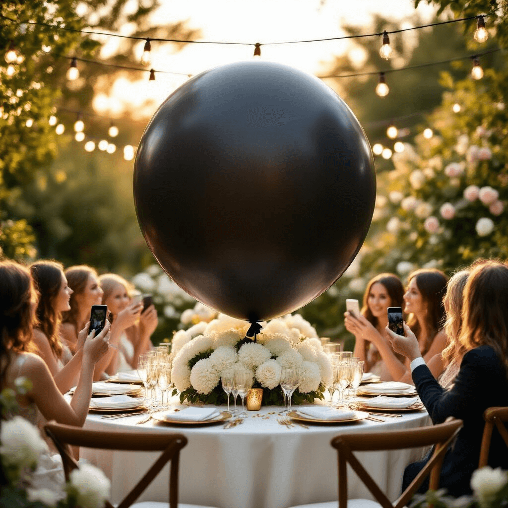 Gender Reveal Balloons: Every Creative Way to Pop the Big News (Without Losing Your Mind) An elegant outdoor garden party set during golden hour, featuring a white table with gold accents, a large matte black balloon as the centerpiece, and lush hydrangea arrangements, all surrounded by guests holding phones in anticipation of a dramatic pop, with soft sunlight filtering through string lights and a backdrop of blooming roses and ivy.