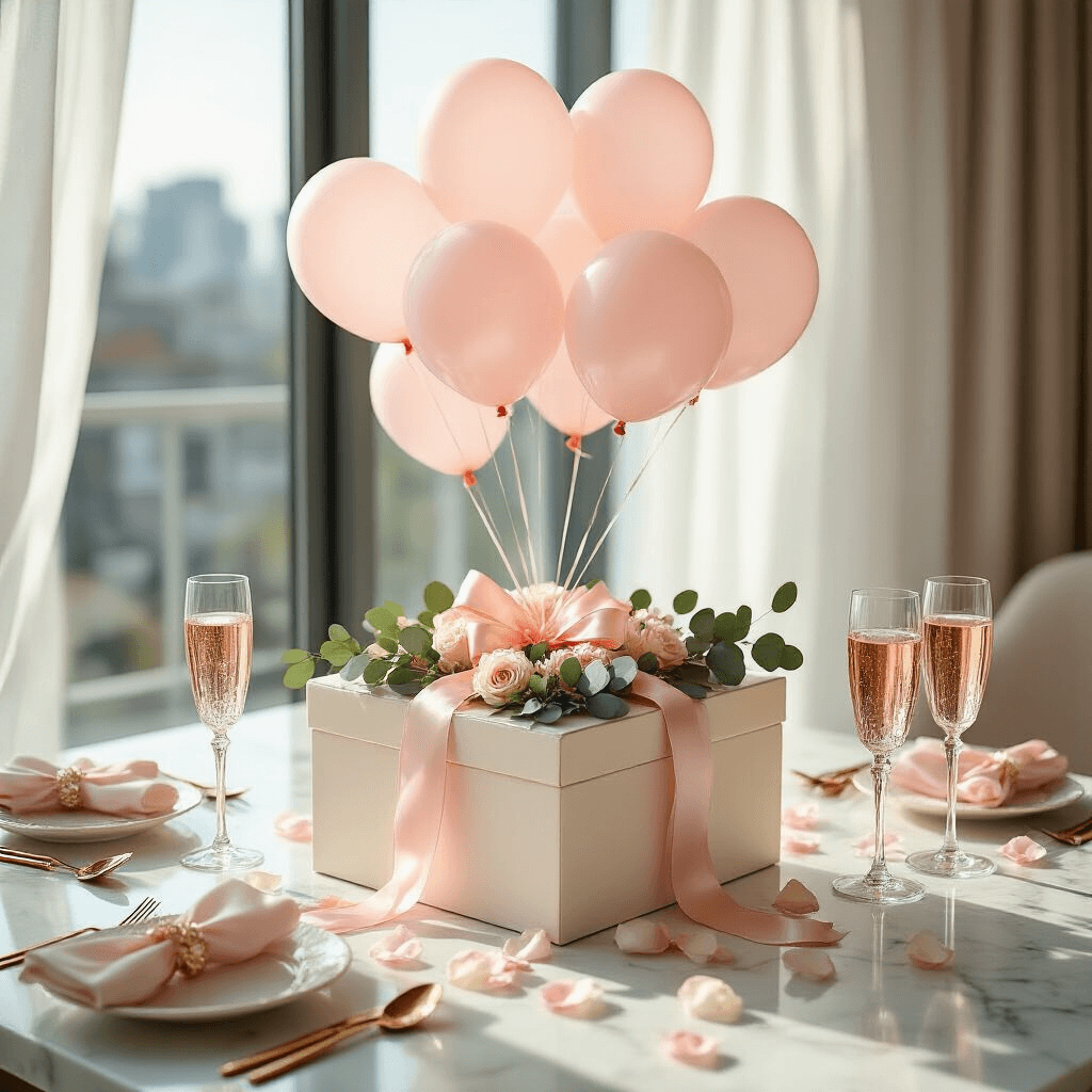 Gender Reveal Balloons: Every Creative Way to Pop the Big News (Without Losing Your Mind) An elegant flat lay of a balloon box reveal setup on a marble countertop, featuring a cream box with blush pink ribbon and eucalyptus, helium-filled pink balloons, rose gold cutlery, sparkling cider in crystal flutes, and scattered rose petals, all illuminated by soft morning light.