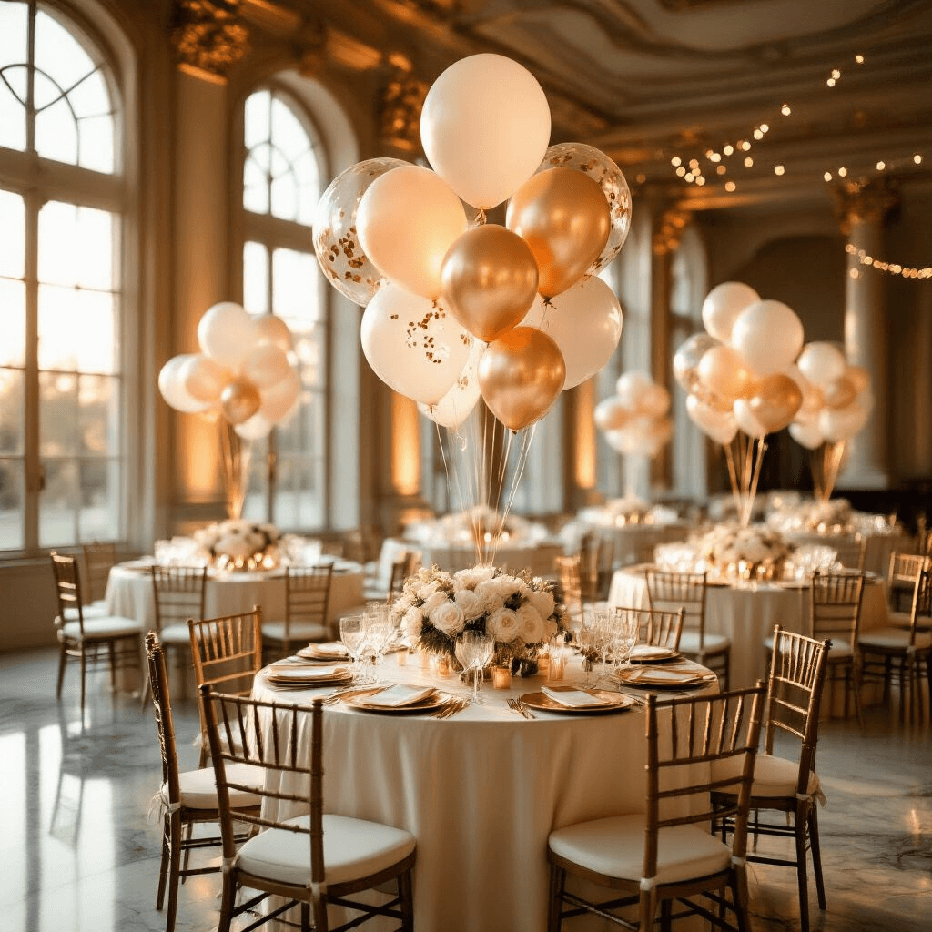 Confetti Balloons Are My Secret Weapon for Parties That People Actually Remember A wide-angle view of a luxurious indoor ballroom illuminated by golden hour light, featuring elegant round tables with ivory silk linens, rose gold confetti balloons, white peonies, and eucalyptus as centerpieces. Crystal glassware and gold-rimmed plates are perfectly arranged, with shimmering balloons creating a magical ambiance enhanced by cascading string lights and reflective marble floors. In the background, a dessert table framed by balloon hoops showcases sophisticated party decor.
