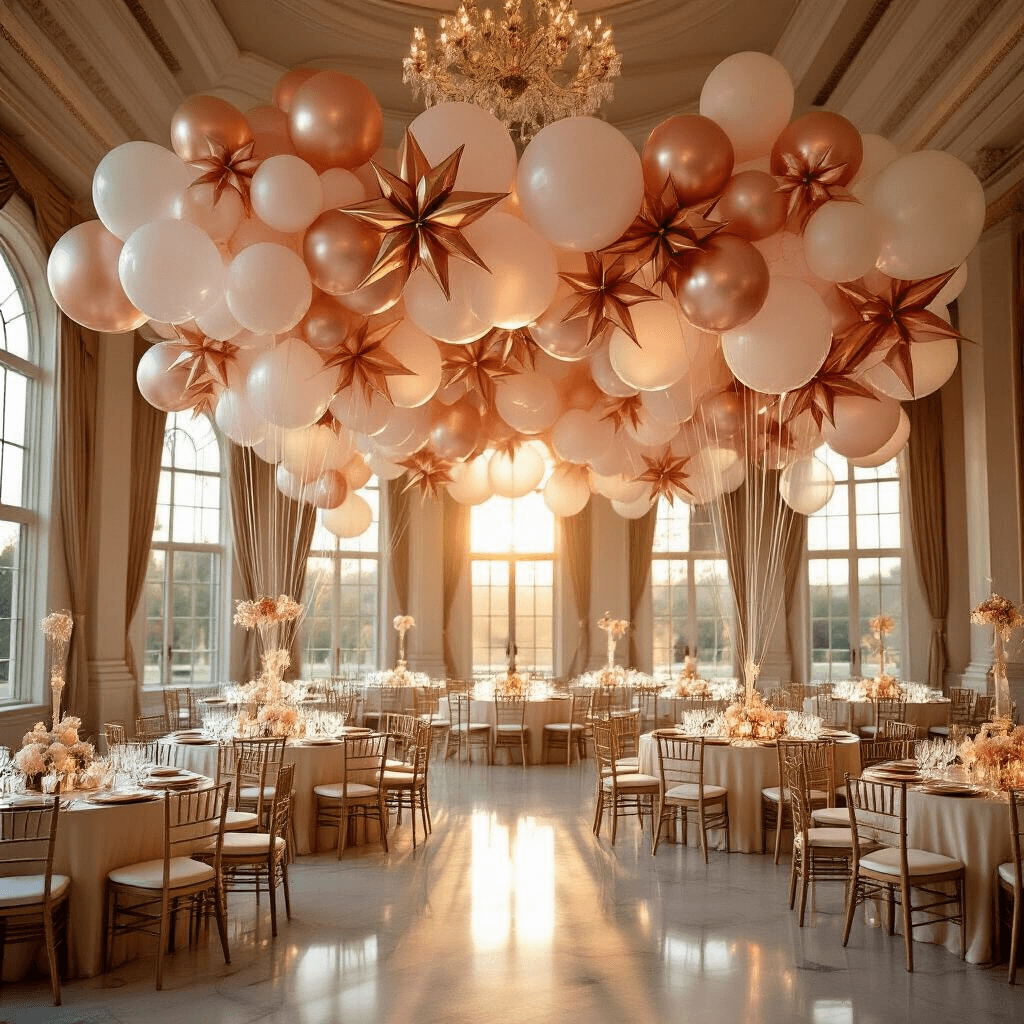 How to Make Star Balloons That'll Actually Wow Your Party Guests A luxurious indoor ballroom with a sophisticated balloon installation of oversized holographic star balloons, elegantly dressed tables, and a marble dance floor reflecting ambient lighting from crystal chandeliers during golden hour.