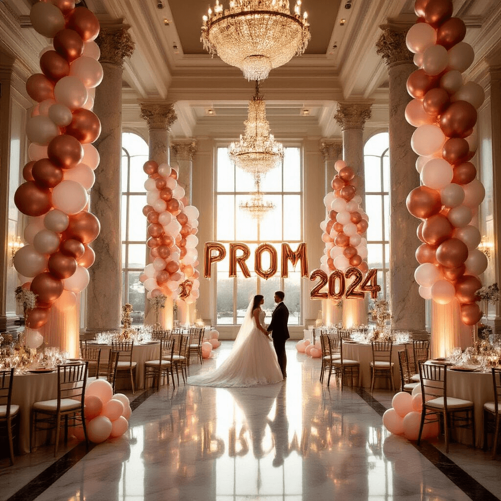 Prom Balloons: Everything You Need to Transform Your Venue Into Instagram Heaven Cinematic wide-angle view of an elegant hotel ballroom adorned with cascading metallic rose gold, chrome silver, and blush pink balloon garlands, golden hour lighting streaming through tall windows, and round tables set with silk ivory linens and gold-rimmed stemware, featuring massive letter balloons spelling 'PROM 2024' at the entrance, all reflecting in polished marble floors illuminated by fairy lights.