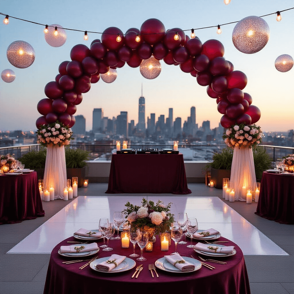 Prom Balloons: Everything You Need to Transform Your Venue Into Instagram Heaven Overhead view of a rooftop terrace adorned with a deep burgundy balloon arch, clear confetti-filled balloons, and soft candlelight. String lights create an enchanting ambiance while balloon columns with gold tassels frame the DJ booth. Low cocktail tables with velvet linens feature ceramic plates and crystal glassware, complemented by white florals and marble surfaces, all set against an urban skyline backdrop.