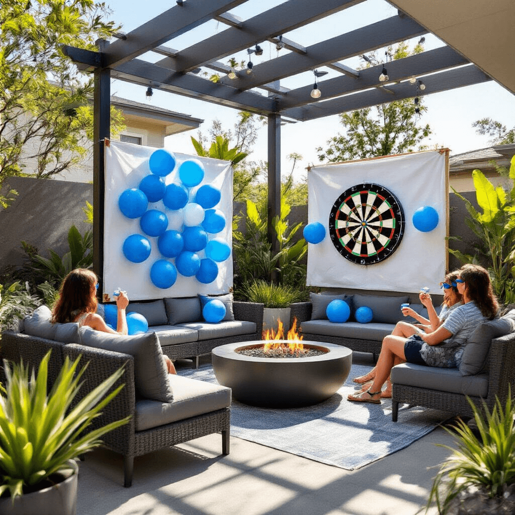 Gender Reveal Balloons: Every Creative Way to Pop the Big News (Without Losing Your Mind) A stylish backyard patio setup for a gender reveal featuring an interactive dart board with water balloons filled with blue paint, contemporary outdoor furniture, a sleek fire pit, and guests wearing safety glasses, all framed by tropical greenery and a protective tarp beneath.