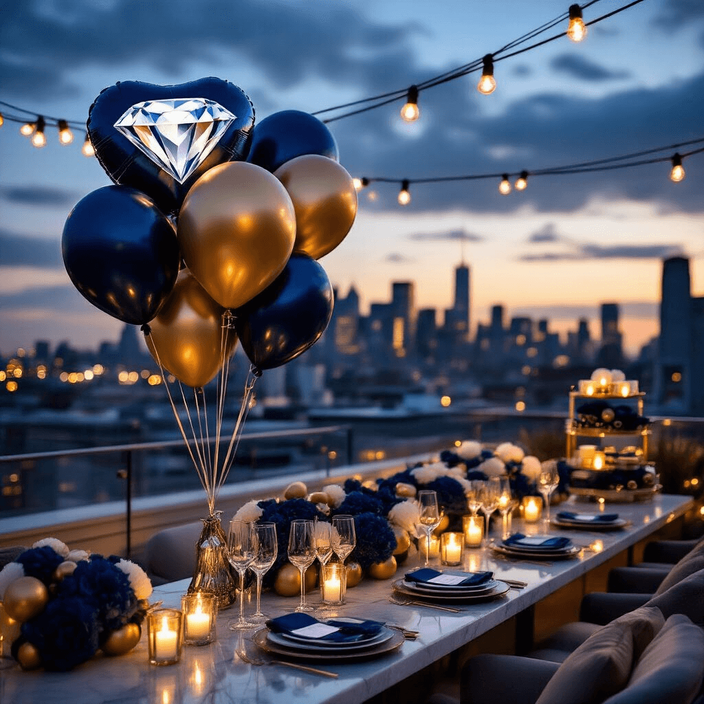 Engagement Balloons: Everything You Need to Know About Choosing the Perfect Party Decor Close-up cinematic shot of a modern rooftop terrace proposal, featuring giant foil diamond ring balloons, city lights in the background, navy blue and gold balloon arrangements, layered lighting with string lights and LED candles, elegant place settings, a champagne display cart, and styled gift tables, all illuminated by moody atmospheric lighting.