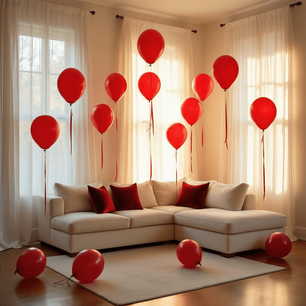 Red Balloons Aesthetic: How I Learned to Transform Ordinary Spaces with Bold Simplicity A wide-angle view of an intimate living room set for an anniversary celebration, featuring clusters of red balloons and elegant satin ribbons, warm sunlight filtering through sheer curtains, and a plush ivory sectional sofa, all creating a romantic and sophisticated atmosphere.