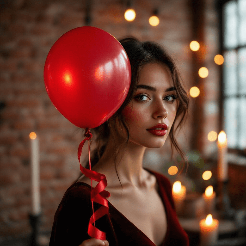 Red Balloons Aesthetic: How I Learned to Transform Ordinary Spaces with Bold Simplicity Close-up portrait of a person in a candlelit urban loft, holding a glossy red balloon partially out of frame, with exposed brick walls and twinkling fairy lights in the background, captured in dramatic lighting that highlights velvet textures and rich fabrics.