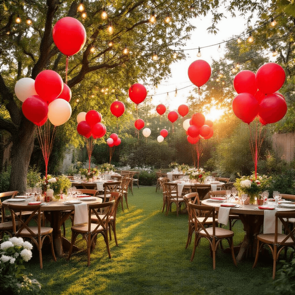 Red Balloons Aesthetic: How I Learned to Transform Ordinary Spaces with Bold Simplicity A whimsical garden party scene adorned with red balloon installations, round wooden tables draped in natural linen, and a fairy-lit canopy, all illuminated by golden hour light.