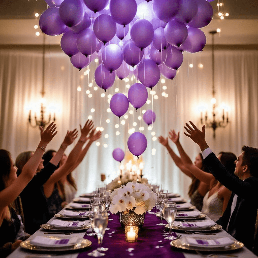 Gender Reveal Balloons: Every Creative Way to Pop the Big News (Without Losing Your Mind) An intimate dining room bursting with joy as lavender balloons cascade from a ceiling-mounted net, surrounded by elegantly set tables with silver charger plates, crystal stemware, and white orchid centerpieces, all illuminated by flickering candlelight and fairy lights, creating a magical ambiance.