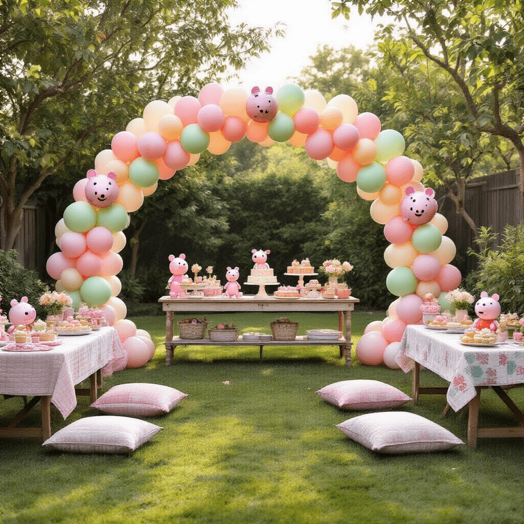 Peppa Pig Balloons: Everything You Need to Turn Your Party Into Peppaville A vibrant backyard garden party setup with pastel balloon displays and a DIY balloon arch featuring Peppa Pig balloons, picnic tables adorned with vintage quilts and balloon centerpieces, a rustic dessert cart with Peppa-themed treats, and personalized balloon markers, all captured in soft morning light with dappled effects from surrounding trees.