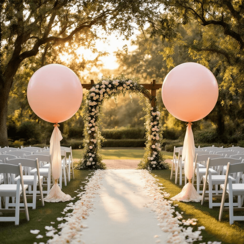 Big Balloons: Everything You Need to Know About Making Your Event Unforgettable Photorealistic wide-angle view of an elegant outdoor wedding ceremony at golden hour, featuring large blush pink latex balloons by a rustic wooden arch adorned with white roses and eucalyptus, with white chiavari chairs lining a petal-scattered aisle and dappled sunlight filtering through trees, creating a romantic atmosphere.