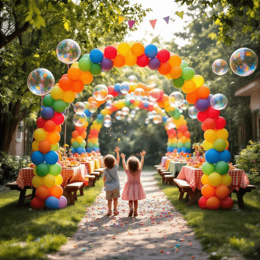 Big Balloons: Everything You Need to Know About Making Your Event Unforgettable Photorealistic close-up of a whimsical children's birthday party with a rainbow balloon tunnel, colorful decorations, confetti-filled bubble balloons, and children reaching for balloons in a stylish backyard.