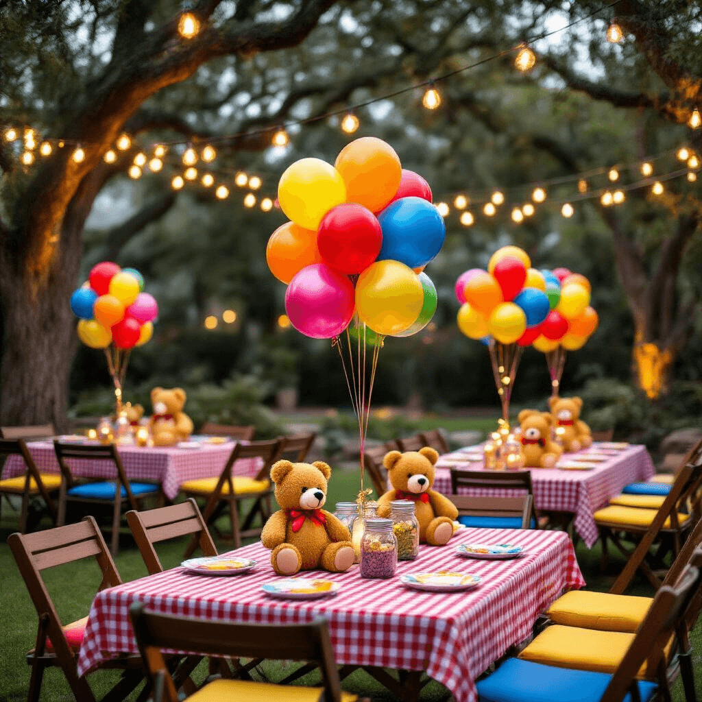 Bear with Balloons: Everything I've Learned About Creating These Adorable Decorations A beautifully styled outdoor birthday celebration with vibrant teddy bear balloon centerpieces on picnic tables, string lights overhead, and a warm festive atmosphere created by colorful decor and cheerful cushions.